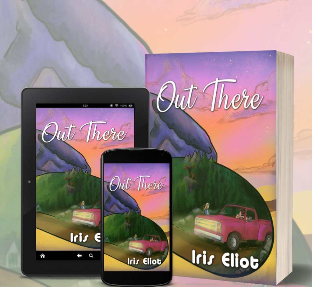 Cover of the upcoming lesbian romance novel titled 'Out There' on Kindle Fire, smart phone and a hard copy cover
